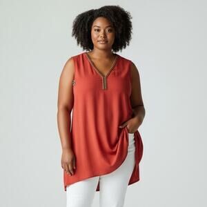 Catherine's Embellished Sleeveless Tunic Top Size Orange 3X 26/28W Beaded V-Neck